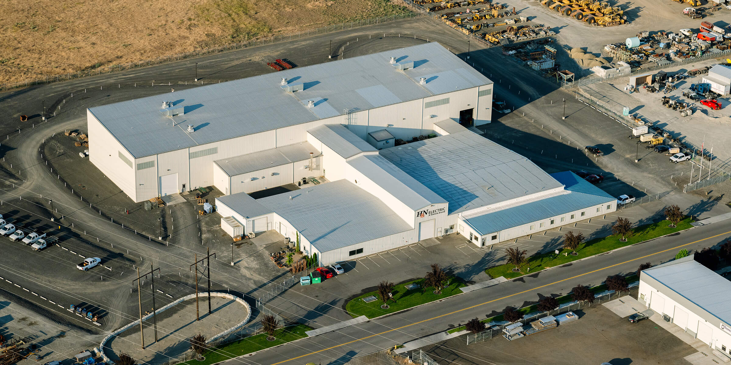 Overhead aerial view of the large and fully-equipped H&N Electric repair facility in Pasco, Washington, United States of America
