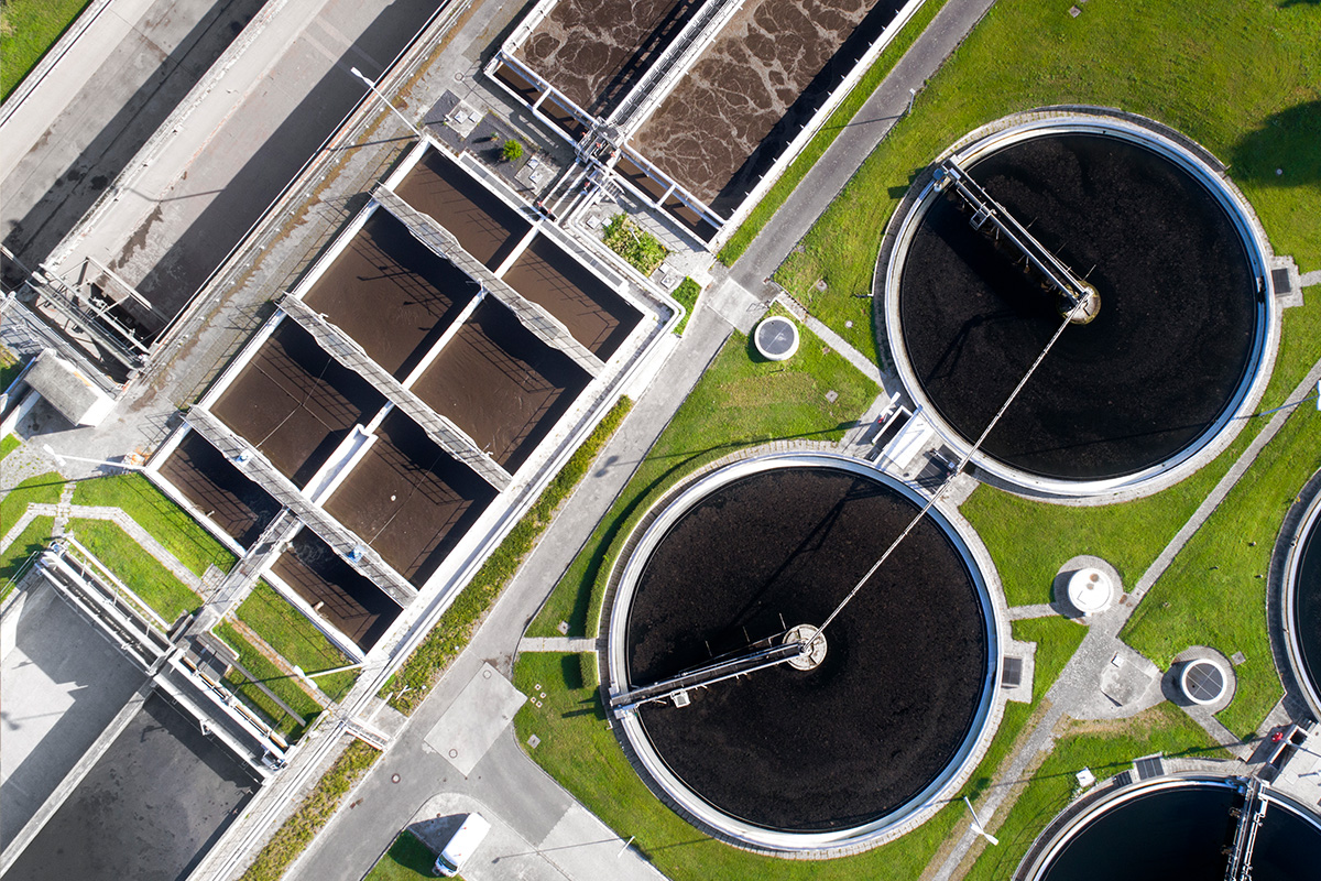 Overhead aerial view of a wastewater treatment plant