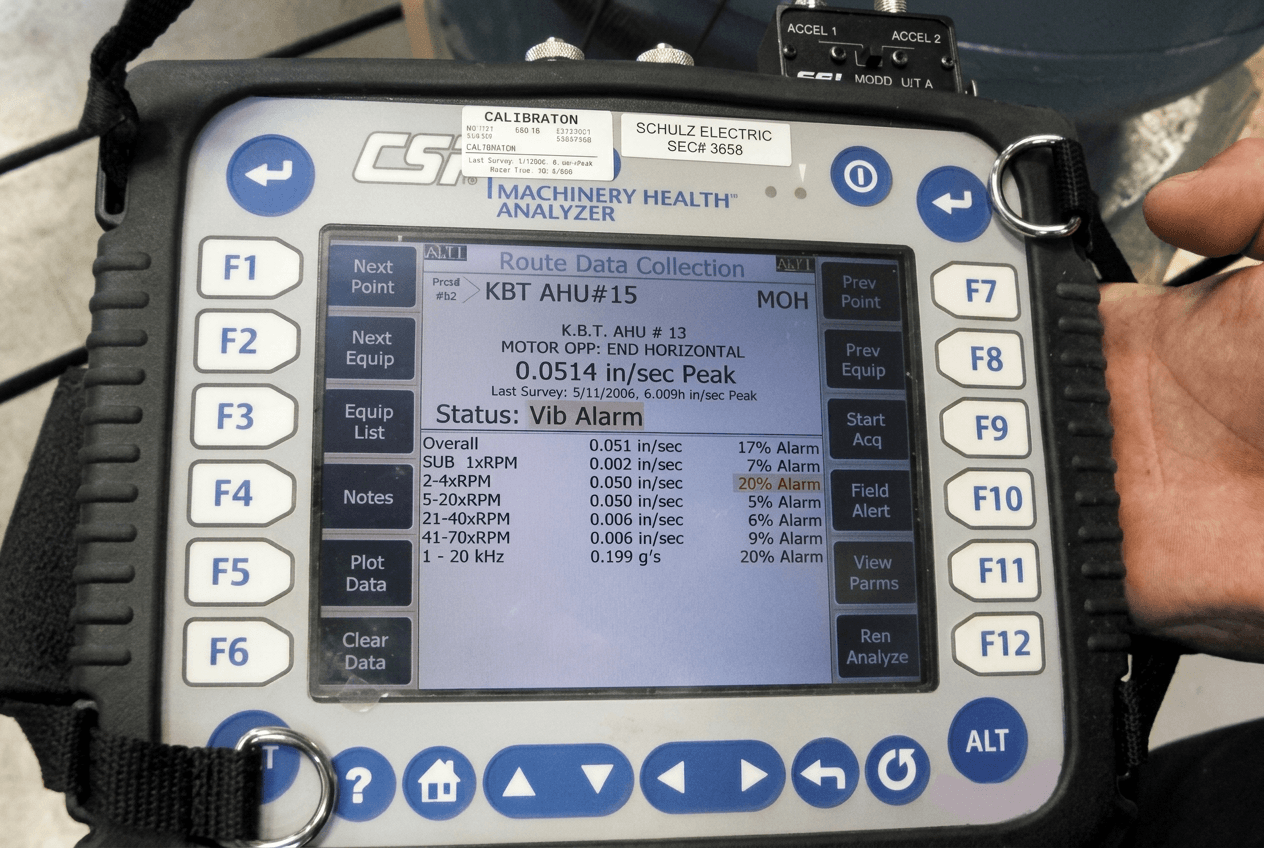 Screen of a vibration analysis testing device
